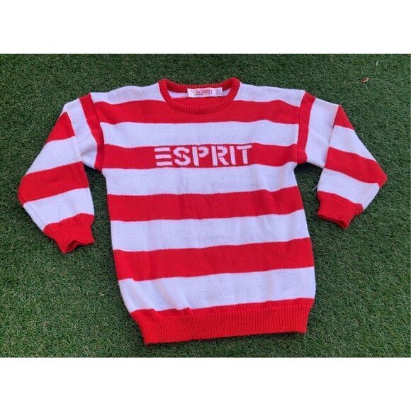 ESPRIT VINTAGE 80’s MCM LOGO red white STRIPED SWEATER kids girls youth L - Picture 1 of 5
